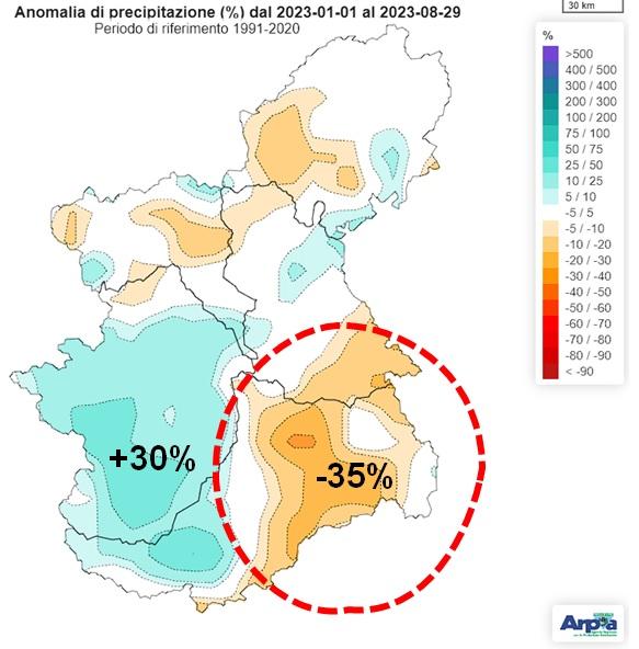Anomalia percentuale di precipitazione cumulata dall’inizio dell’anno solare rispetto alla norma del medesimo periodo nel trentennio 1991-2020