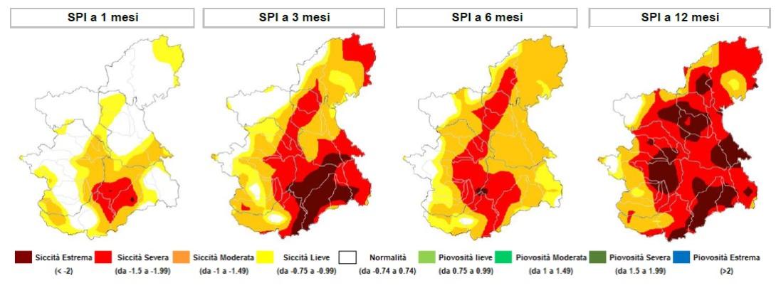 Indice di anomalia delle precipitazioni SPI a 1 mese, 3, 6 e 12 mesi sulla regione Piemonte