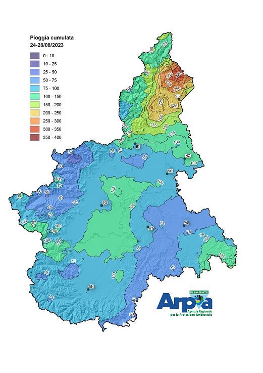 Mappa delle precipitazioni cumulate nei giorni 24-28 agosto in Piemonte