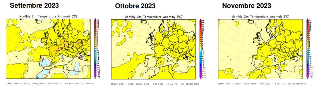 Anomalia di temperatura media a 2 metri prevista