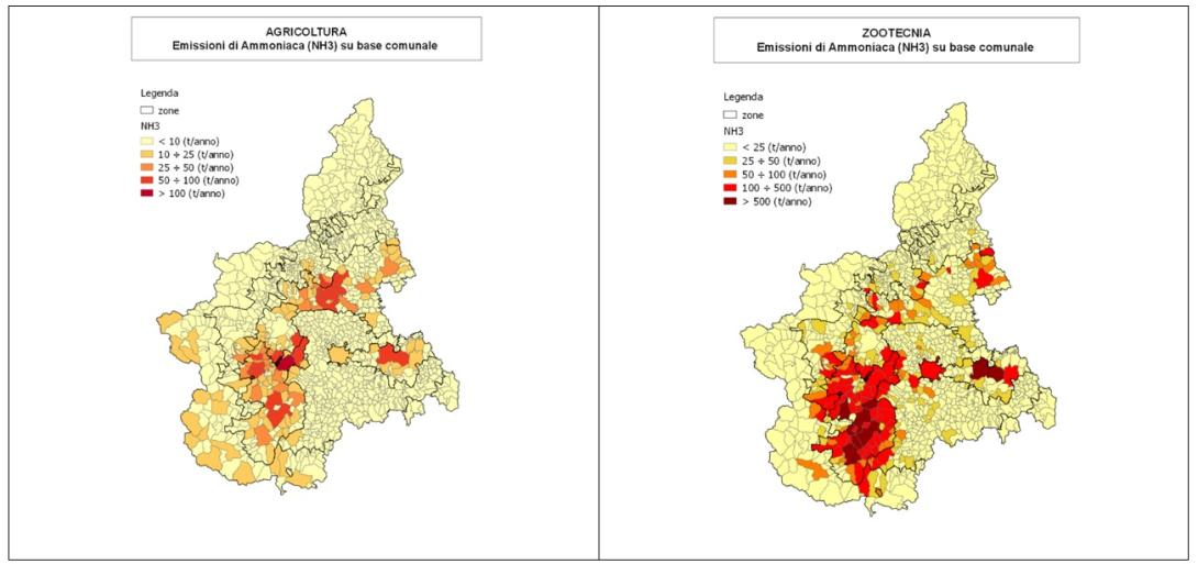 Contributo emissivo di ammoniaca a livello comunale (in t/anno) per le colture agricole e la (IREA- Inventario Regionale Emissioni)