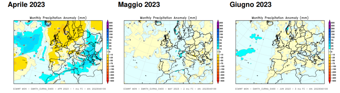 Anomalia delle precipitazioni cumulate previste (mappe mensili del ECMWF)