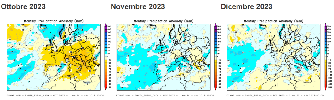 Anomalia delle precipitazioni cumulate previste (mappe mensili del ECMWF)