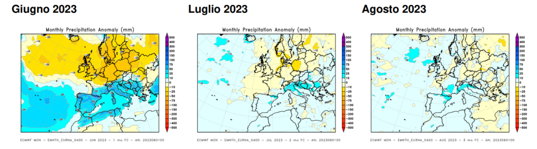 Anomalia delle precipitazioni cumulate previste (mappe mensili del ECMWF)