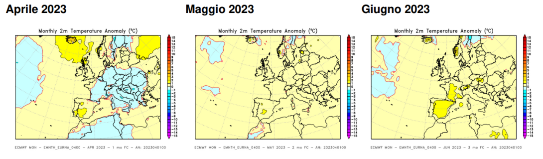 Anomalia di temperatura media a 2 metri prevista (mappe medie mensili del ECMWF)