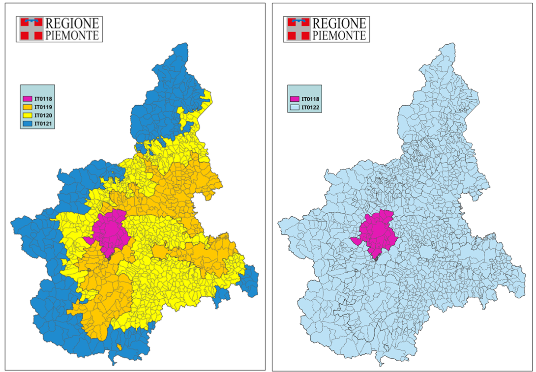 Figura 1 - Rappresentazione grafica della zonizzazione riferita agli obiettivi di protezione della salute umana, in riferimento agli inquinanti NO2, SO2, C6H6, CO, PM10, PM2,5, Pb, As, Cd, Ni, B(a)P a sinistra e in riferimento all'ozono sulla destra