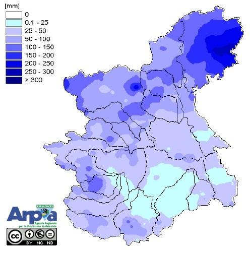 Precipitazione registrata nel mese di agosto 2021 sul bacino del Po chiuso alla confluenza col Ticino