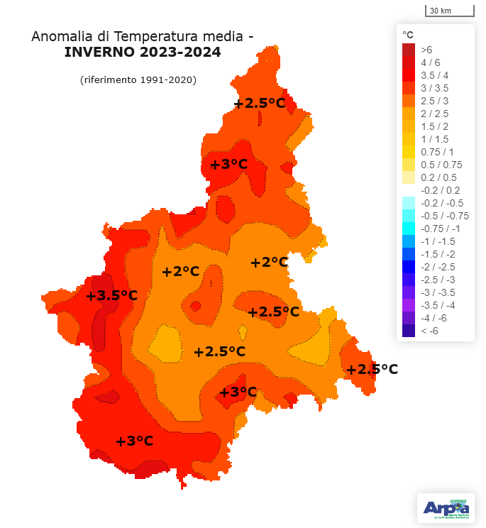 Anomalia di temperatura media (°C) sul Piemonte per l’inverno 2023-2024 rispetto alla norma climatica del trentennio 1991-2020