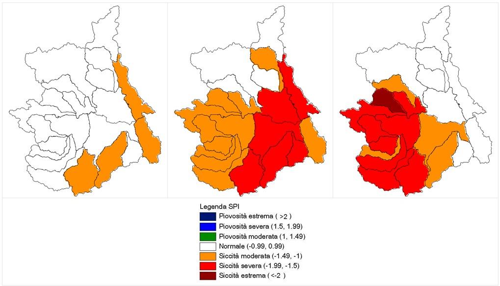 Indice di anomalia delle precipitazioni SPI a 3 mesi (a sinistra), a 6 mesi (al centro) e a 12 mesi (a destra) sui bacini piemontesi