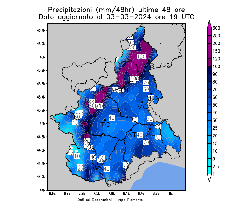 Precipitazioni delle ultime 48 ore. Dato aggiornato alle ore 20 del 3 marzo 2024