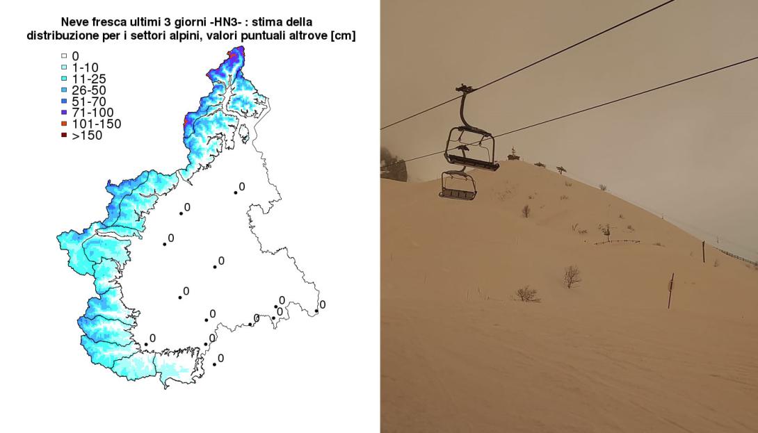 A sinistra mappa della stima della neve fresca degli ultimi 3 giorni sui settori alpini piemontesi. A destra foto della neve colorata sugli impianti di Limone Piemonte 30/03/2024