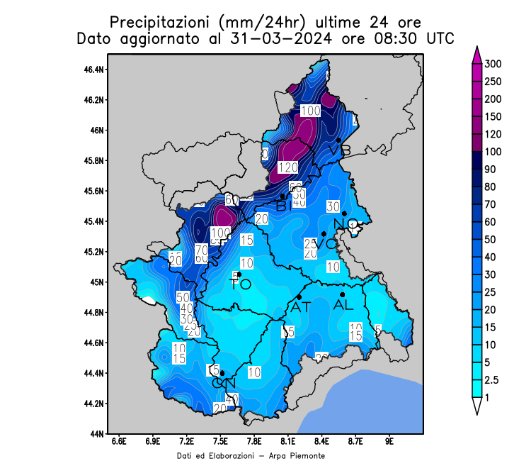 Precipitazioni delle ultime 24 ore 31 marzo 2024