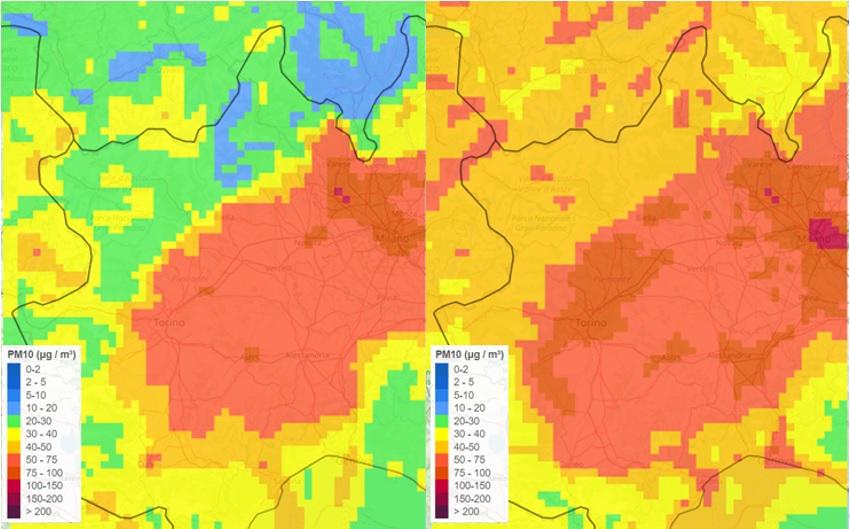 previsioni emesse lunedì 22 gennaio per il giorno stesso (immagine a sinistra) e per quello successivo (immagine a destra)