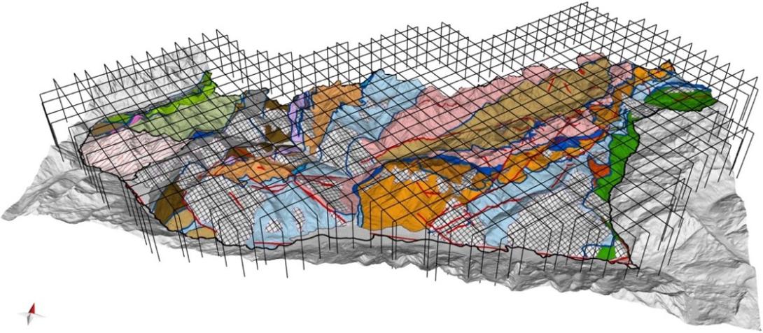 Elaborazione del modello 3D geologico (fonte: Università Milano Bicocca). Carta geologica 2D posizionata su DTM nel settore tra Val Ferret (Ovest) e Valtournenche (Est) (Valle d’Aosta) con sovrapposte le sezioni geologiche a passo ravvicinato che consentono di ricostruire il modello 3D.