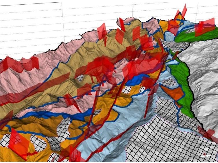 Elaborazione del modello 3D geologico (fonte: Università Milano Bicocca). Carta geologica 2D posizionata su DTM nel settore tra Valpelline e St. Barthélémy (Valle d’Aosta). Sono evidenziate le principali strutture fragili (aree in rosso) rappresentate come piani emergenti dal rilievo.