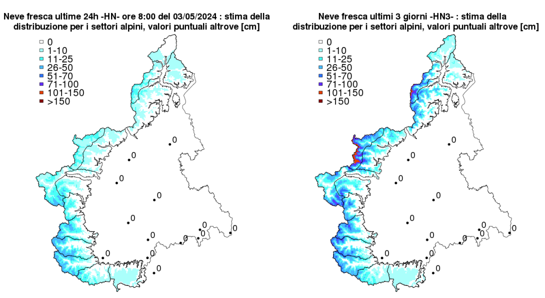 Stima di neve fresca interpolate a partire dai valori puntuali misurati dalla rete nivometrica regionale. A sinistra la neve fresca delle ultime 24h, a destra la cumulata degli ultimi 3 giorni