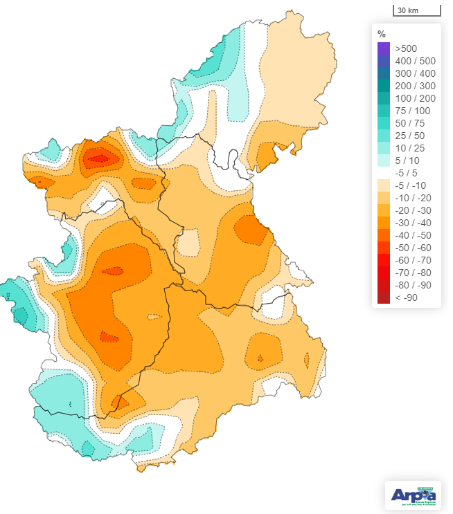 Anomalia percentuali delle piogge cumulate in Piemonte ad aprile 2024 rispetto alla norma climatica 1991-2020