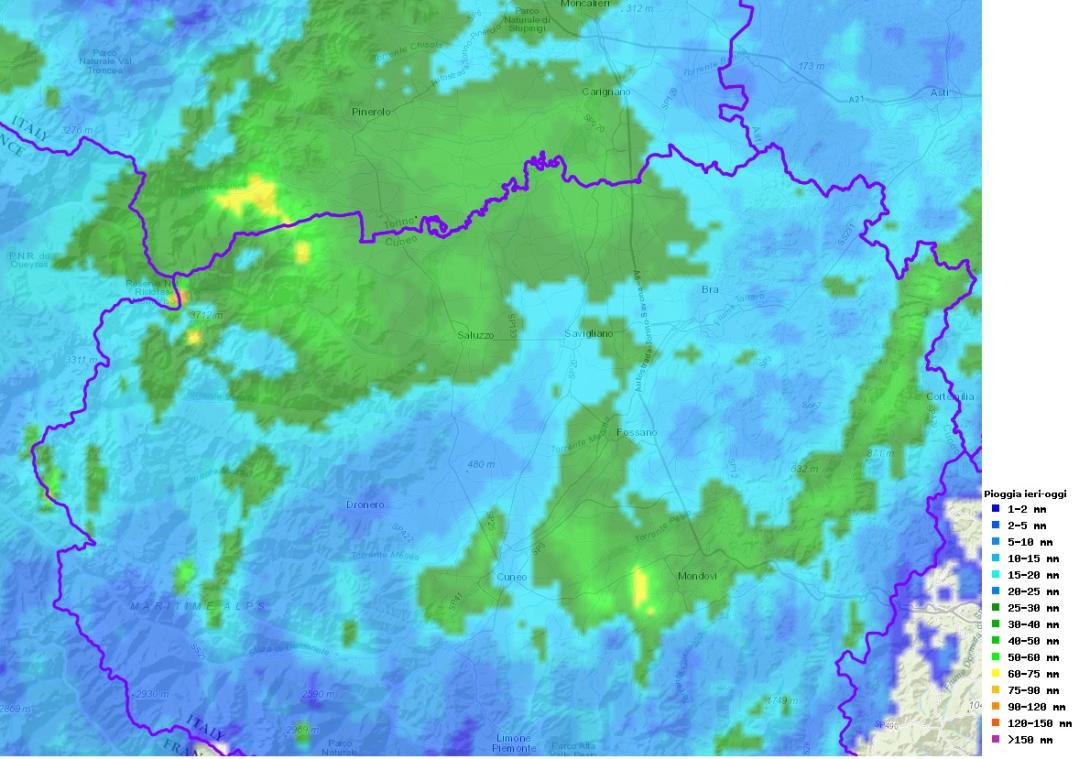 Precipitazioni intense sul Piemonte ieri 7 maggio 2024 