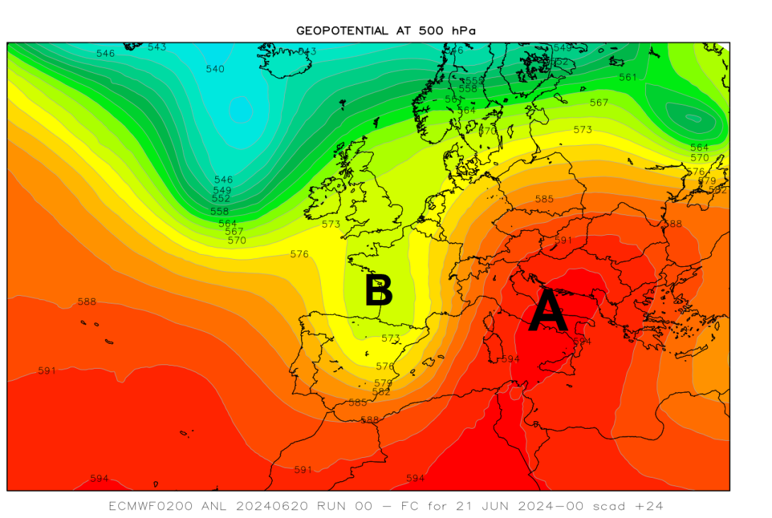 Alta e bassa pressione in quota sull'Europa