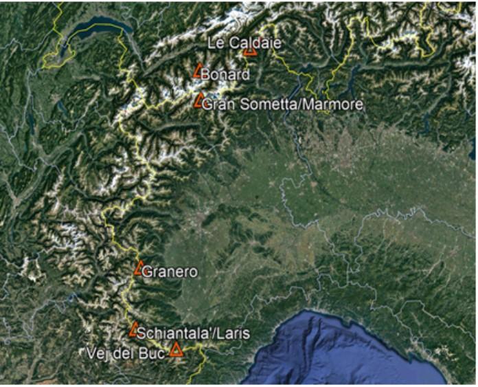 Localizzazione dei siti rock glacier sottoposti ad analisi chimica delle acque, i cui risultati sono stati utilizzati per il confronto e la caratterizzazione delle acque scaturenti da acquiferi con condizioni di permafrost.