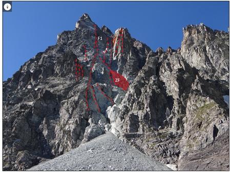 4 agosto 2020, vista sul crollo del Torrione Sucai del Monviso con rappresentazione di elementi strutturali
