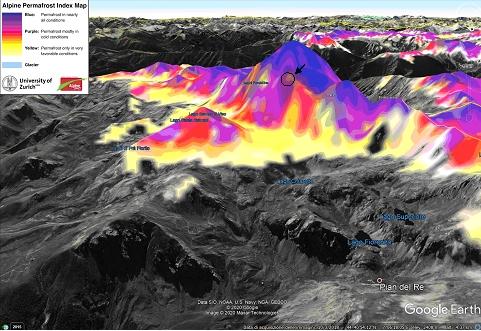 Visione tridimensionale virtuale della distribuzione potenziale del permafrost nell’area del Monviso