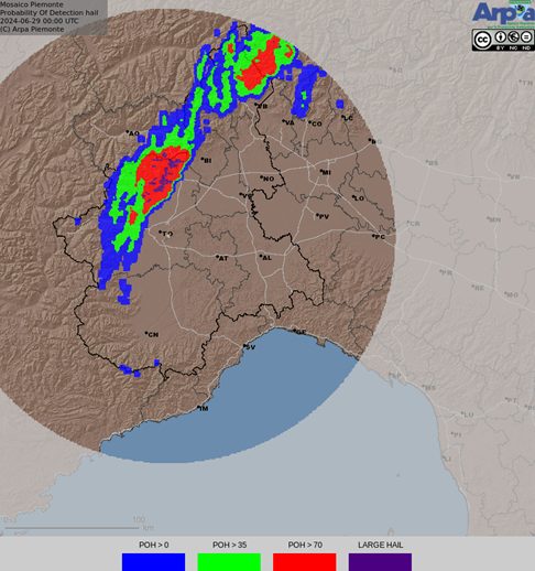 Stima da radar meteorologico della distribuzione delle precipitazioni grandinigene nella giornata di ieri