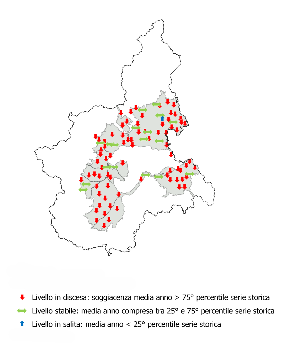 Situazione del livello delle falde superficiali nel 2023 rispetto ai valori storici
