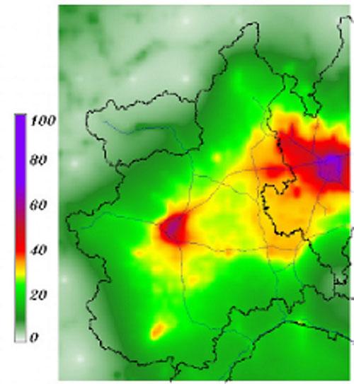 campo di media annuale di biossido di azoto, prodotta dal sitsema modellistico diagnostico pe l'anno 2009