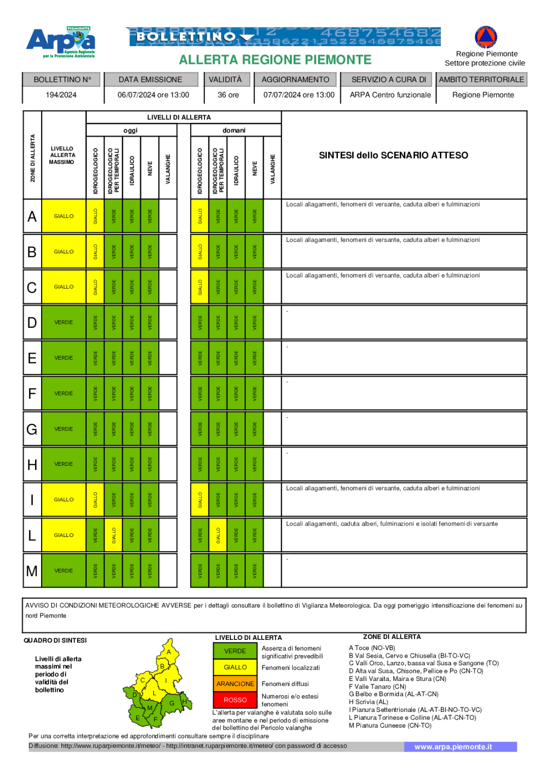 Bollettino allerta 6 luglio 2024