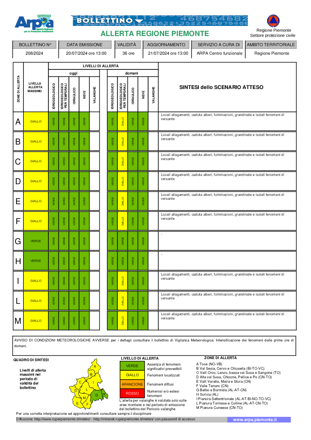 Bollettino allerta 20 luglio 2024