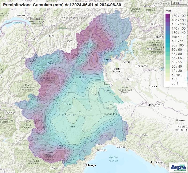 Precipitazione registrata nel mese di giugno 2024 sul bacino del Po chiuso alla confluenza col Ticino