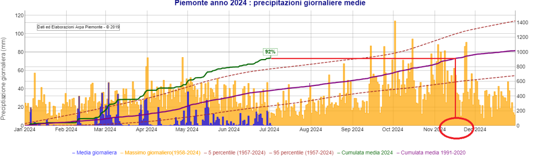 Precipitazione media giornaliera da inizio 2024 sul bacino del Po chiuso alla confluenza col Ticino