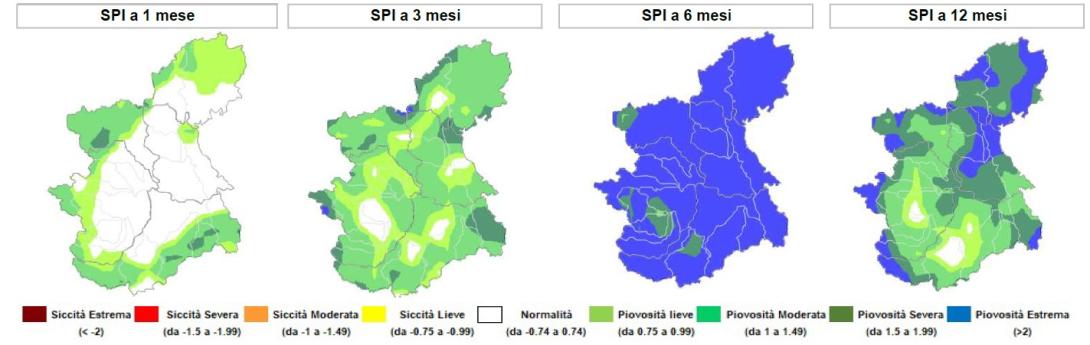 Indice di anomalia delle precipitazioni SPI a 1 mese, 3, 6 e 12 mesi sul Piemonte