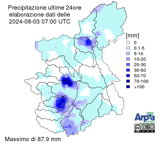 Figura 1- Mappa delle precipitazioni delle ultime 24 h interpolata a partire dai dati puntuali della rete di monitoraggio.
