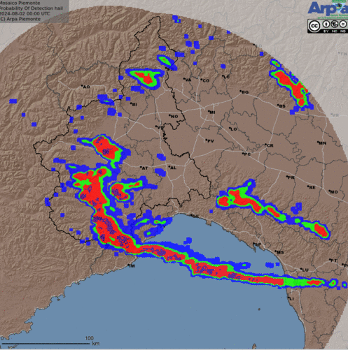 Figura 3 - Probabilità di grandine e aree interessate da grandine grossa. I colori blu, verde e rosso indicano le aree interessate da probabilità crescente; il viola le zone interessate da grandine con diametro superiore a 2 cm.