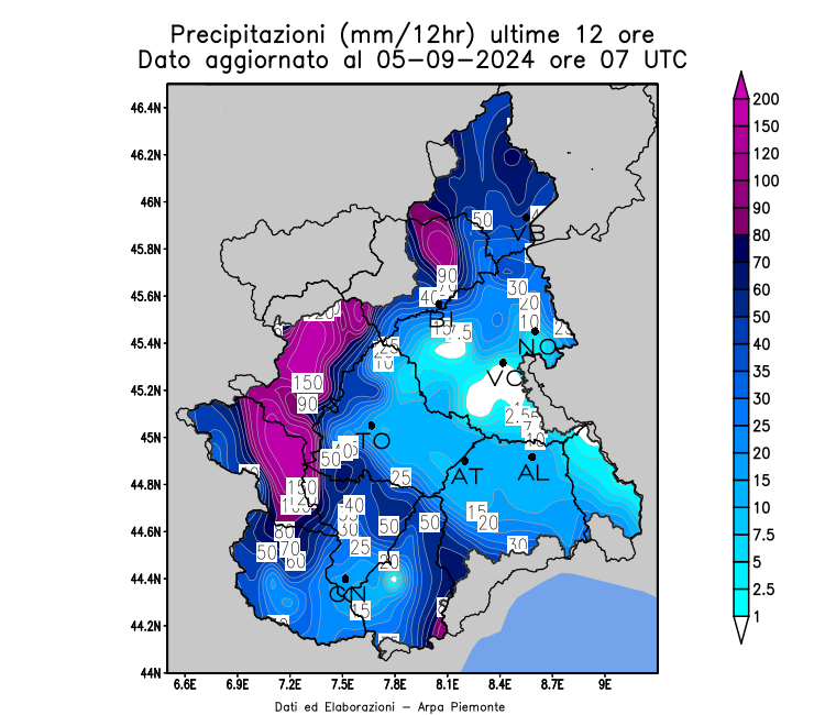 Precipitazioni cumulate dalle ore 21 del 4 settembre alle ore 9 del 5 settembre