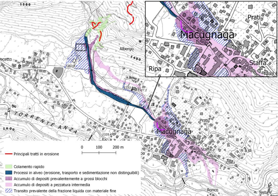 Cartografia degli effetti principali rilevati nella zona del concentrico di Macugnaga, generati dall’ostruzione dei rii Tambach (a snistra) e Horlovono (in centro)