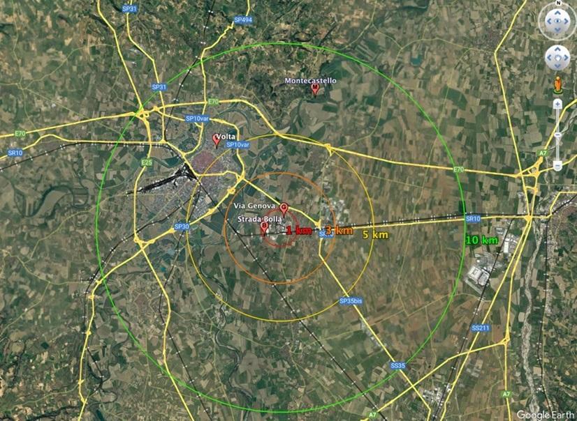 Localizzazione geografica delle postazioni site in via Genova, in Strada Bolla, fraz. San Zeno-Montecastello e Alessandria Volta con indicazione buffer 1-3-5-10 km 