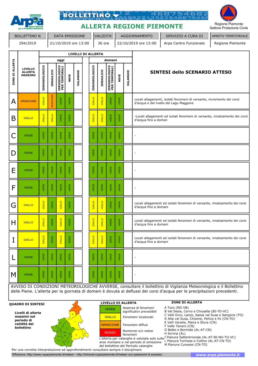 Bollettino allerta 21 ottobre 2019