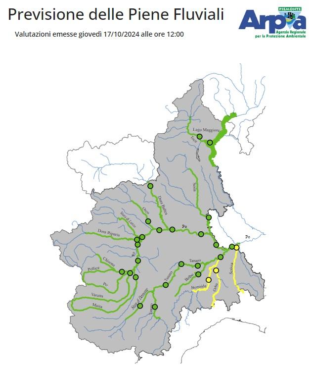 Bollettino delle piene, emesso il 17 ottobre con indicazione, in giallo, delle aste fluviali interessate dagli incrementi dei livelli più significativi
