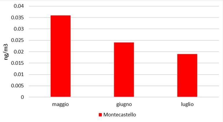 Montecastello : Concentrazioni mensili cC6O4 su PM10 periodo maggio-luglio 2024 