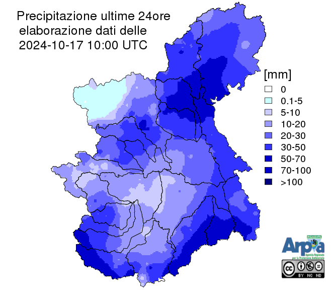 Precipitazione delle ultime 24 ore, ottenuta dall’interpolazione dei dati della rete di monitoraggio di Arpa Piemonte