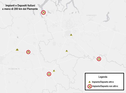 Impianti e/o depositi nucleari italiani a meno sul territorio piemontese o a meno di 200 km dai confini regionali.