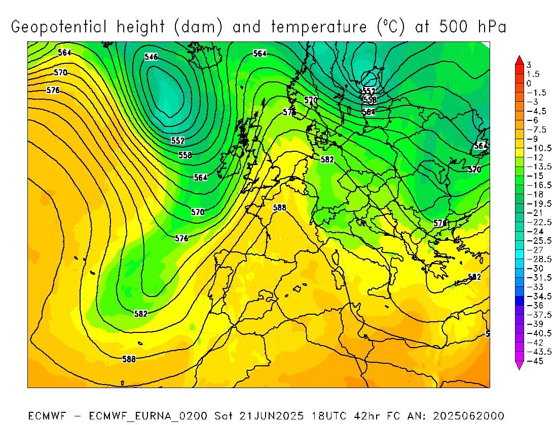 Altezza del geopotenziale a 500 hPa (a 5500 m circa) e temperatura prevista per le ore 18 UTC del 21 giugno 2025. Elaborazione ARPA Piemonte su dati ECMWF.