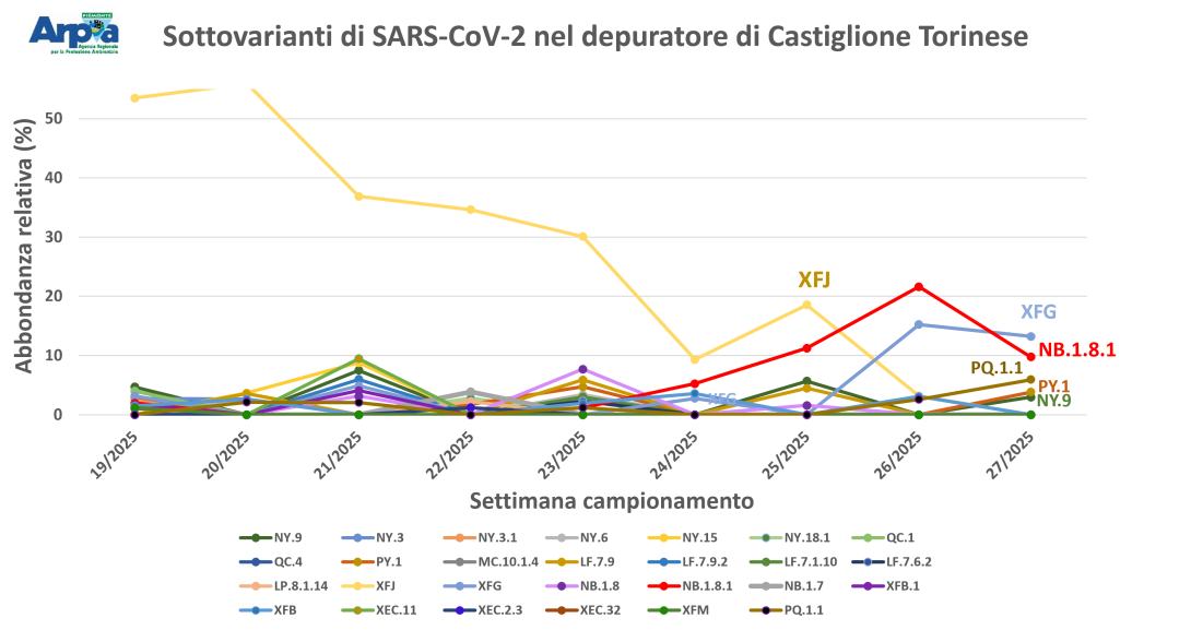 Sottovarianti di Omicron e loro abbondanza relativa per il depuratore di Castiglione Torinese a maggio e giugno 2025