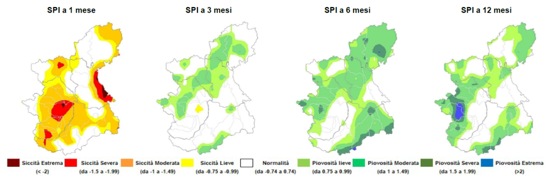 Indice di anomalia delle precipitazioni SPI a 1 mese, 3, 6 e 12 mesi sulla regione Piemonte