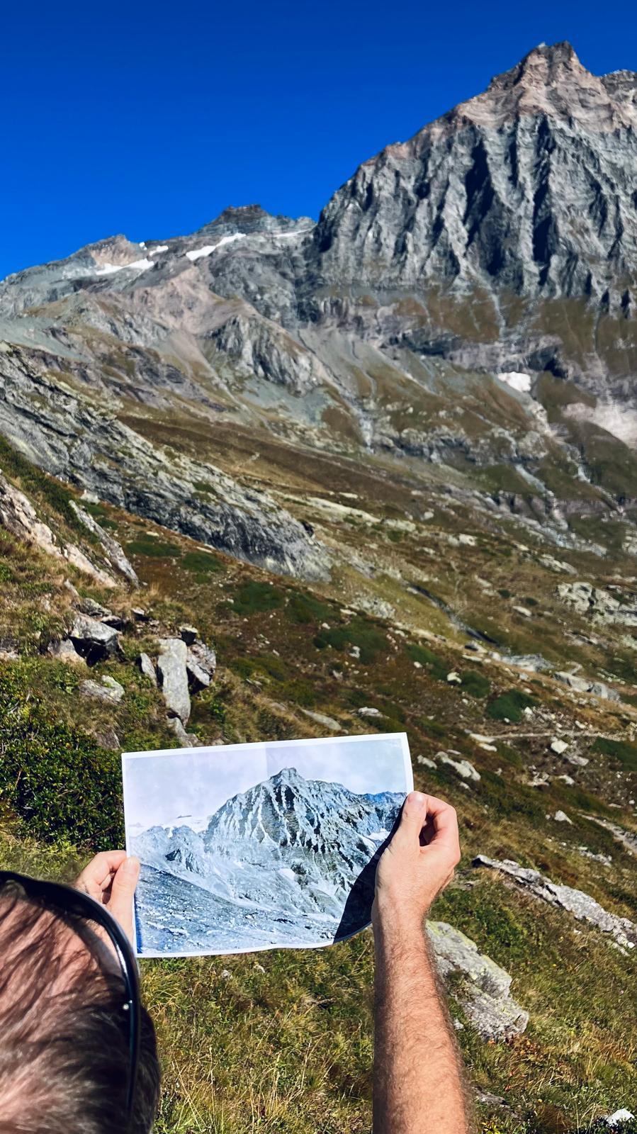 I cambiamenti del ghiacciaio della Ciamarella, dal 1927 a oggi (foto Bosica, Legambiente; foto storica CGI)