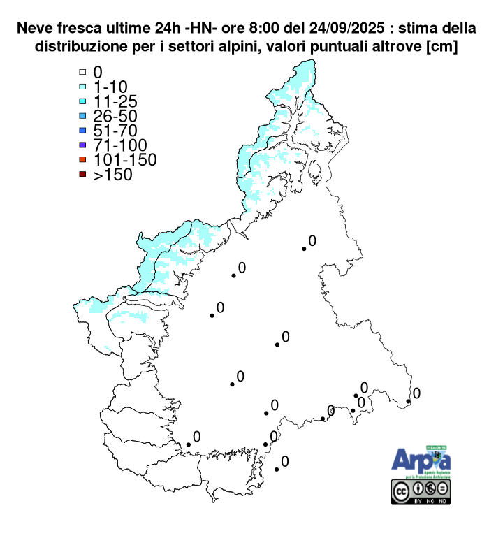 Stima della neve fresca delle ultime 24 ore sull’arco alpino piemontese