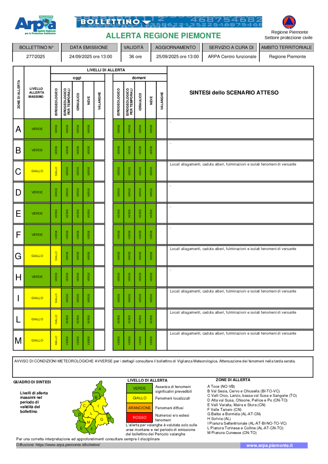 Bollettino allerta emesso il 24 settembre 2025